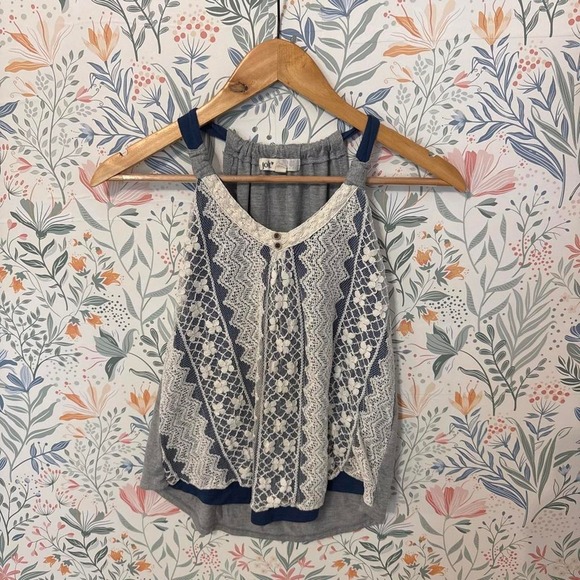 Jolt Tops - Vintage Jolt Boho Lace Overlay Tank Top Grey Navy